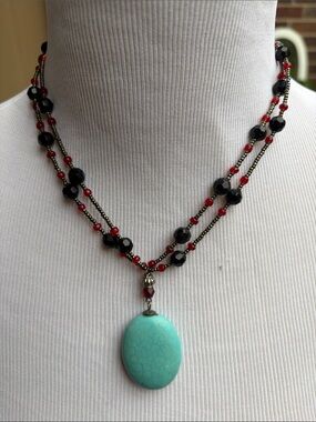 Layered Turquoise Pendant Necklace with Black and Red Beads